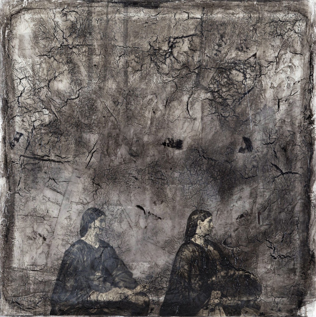 "dos mujeres" - acryl, papier, kunstharz, gewebe auf leinwand - 60 x 60 cm