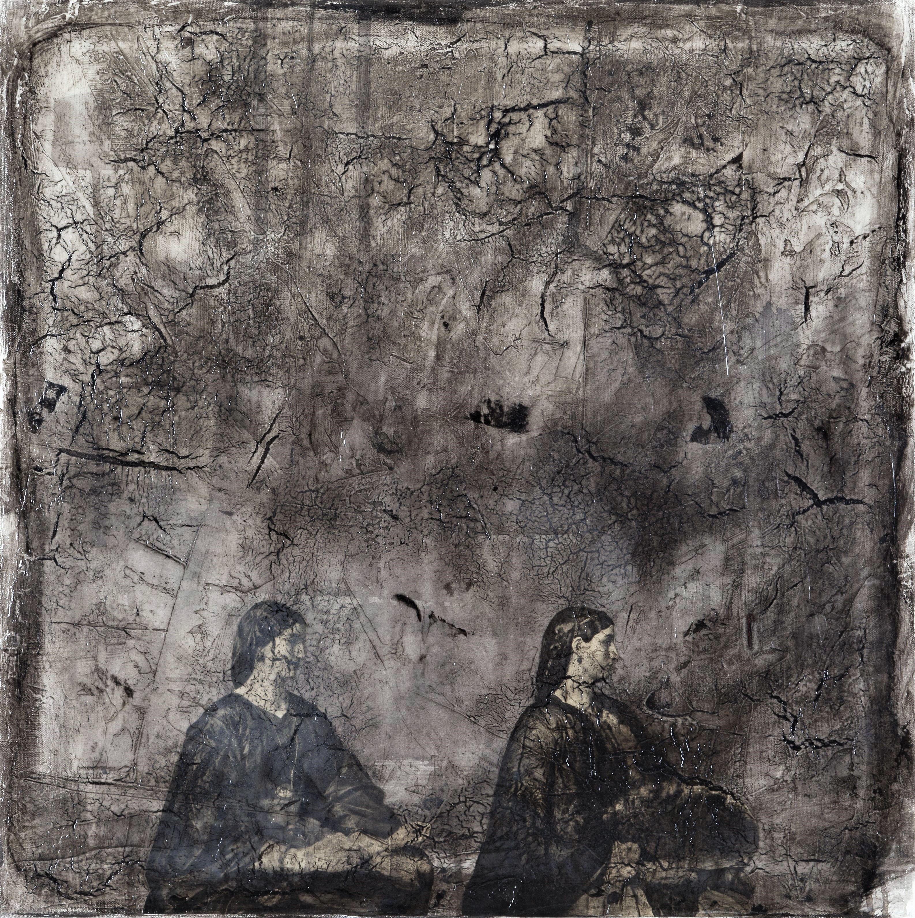 "dos mujeres" - acryl, papier, kunstharz, gewebe auf leinwand - 60 x 60 cm