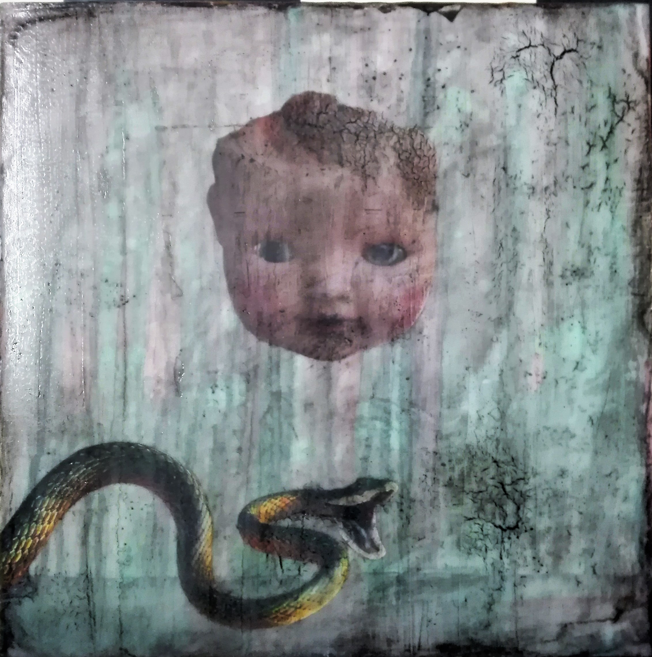 "portrait of a long lost love 2" - acryl, papier, kunstharz auf leinwand - 40 x 40 x 8 cm