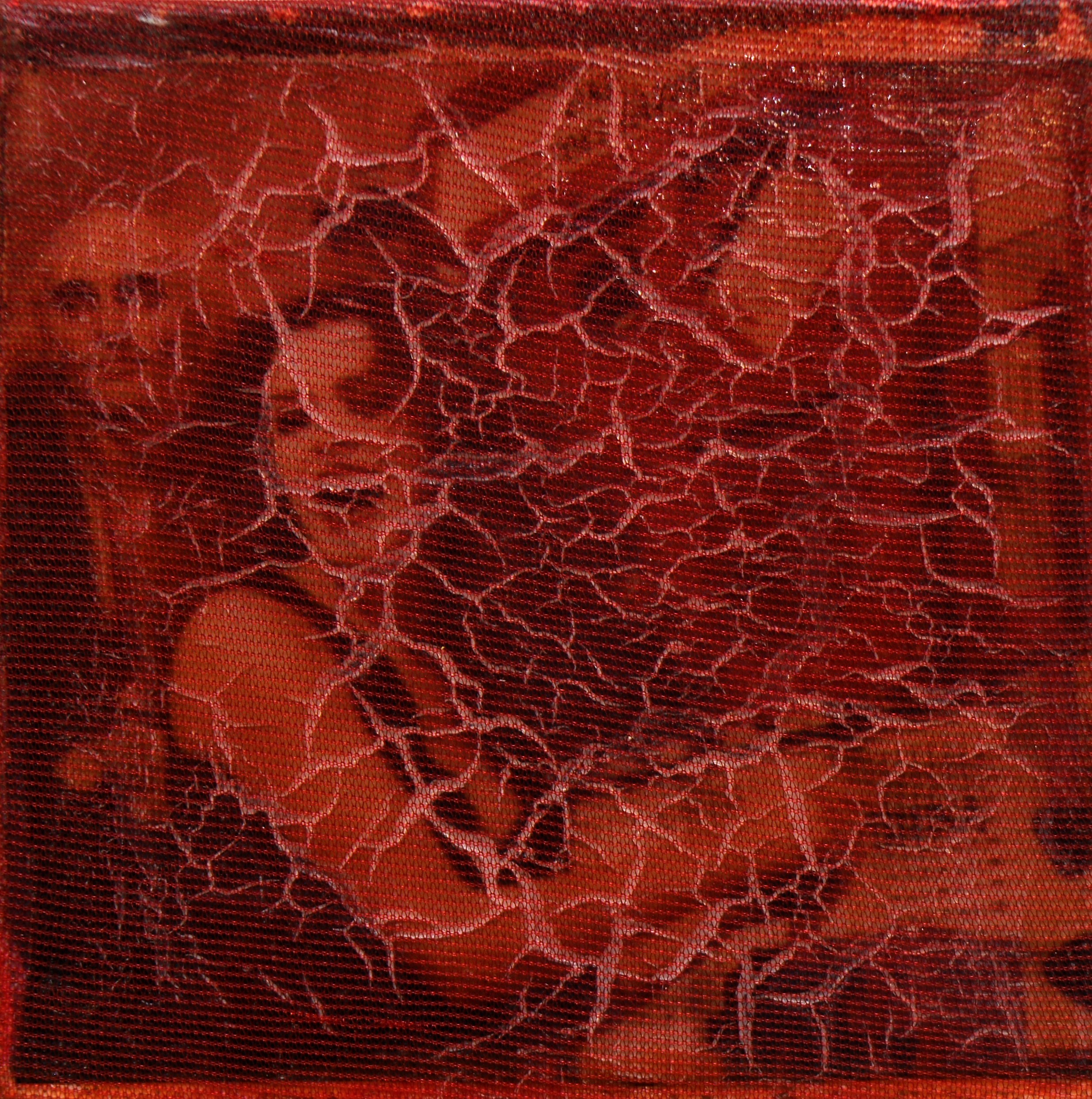 "magenta", 2016, gewebe, acryl, kunstharz auf leinwand, 10 x 10 x 4 cm