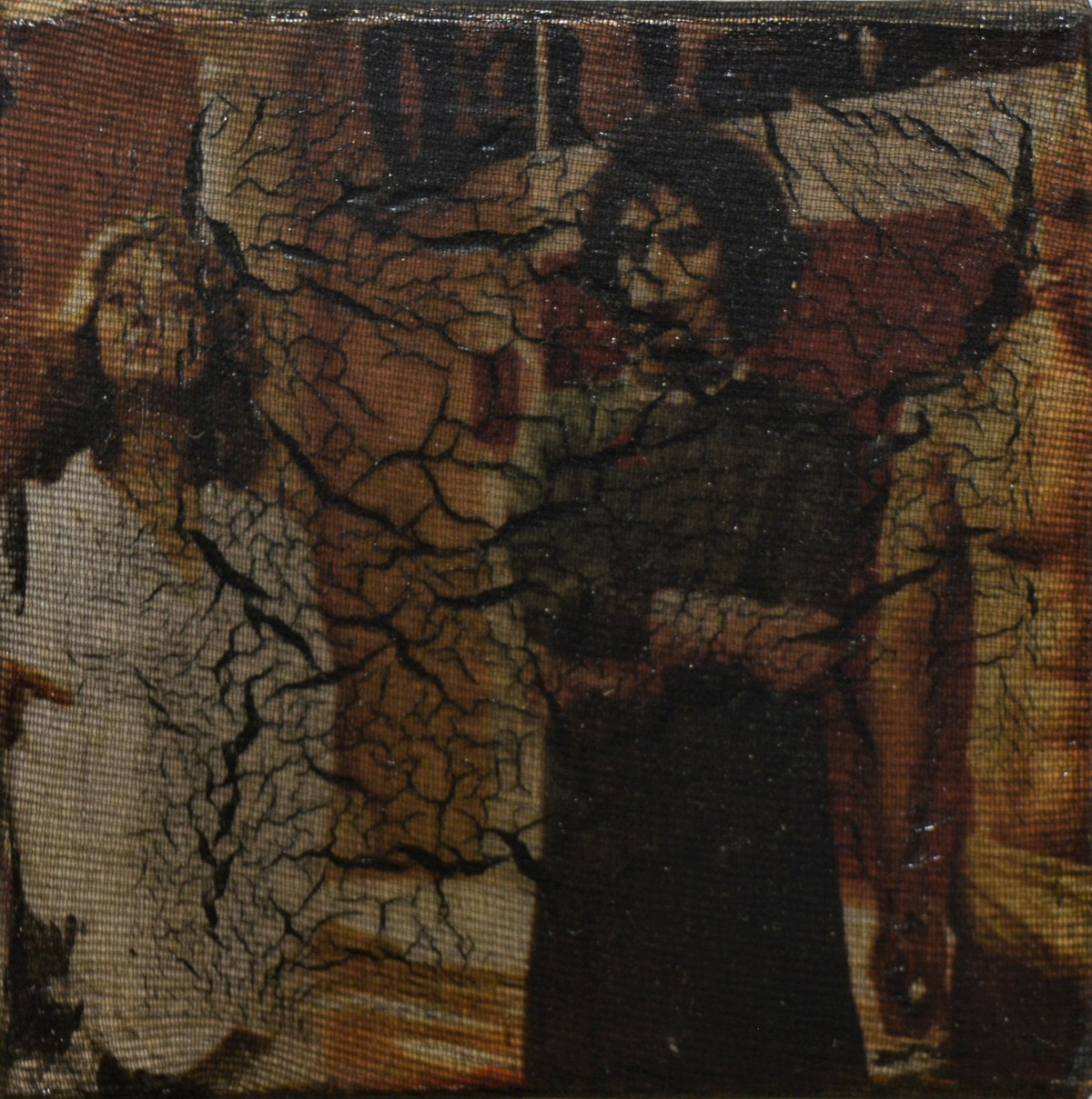"f/b+j", 2016, gewebe, acryl, kunstharz auf leinwand, 10 x 10 x 4 cm
