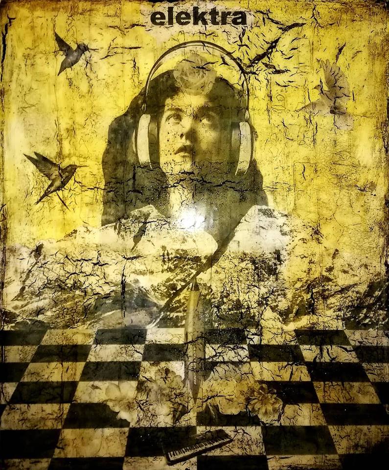"elektra", acryl, papier, kunstharz auf leinwand, 60 x 50 cm