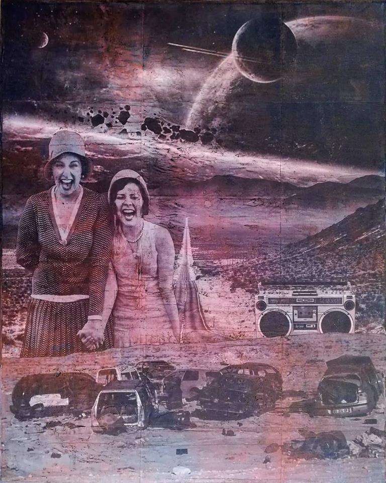 "exes", acryl, papier, kunstharz auf leinwand, 100 x 80 cm